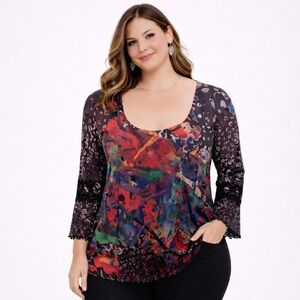 AMMA Colorful Abstract Women's Top with lettuce hem details. EUC